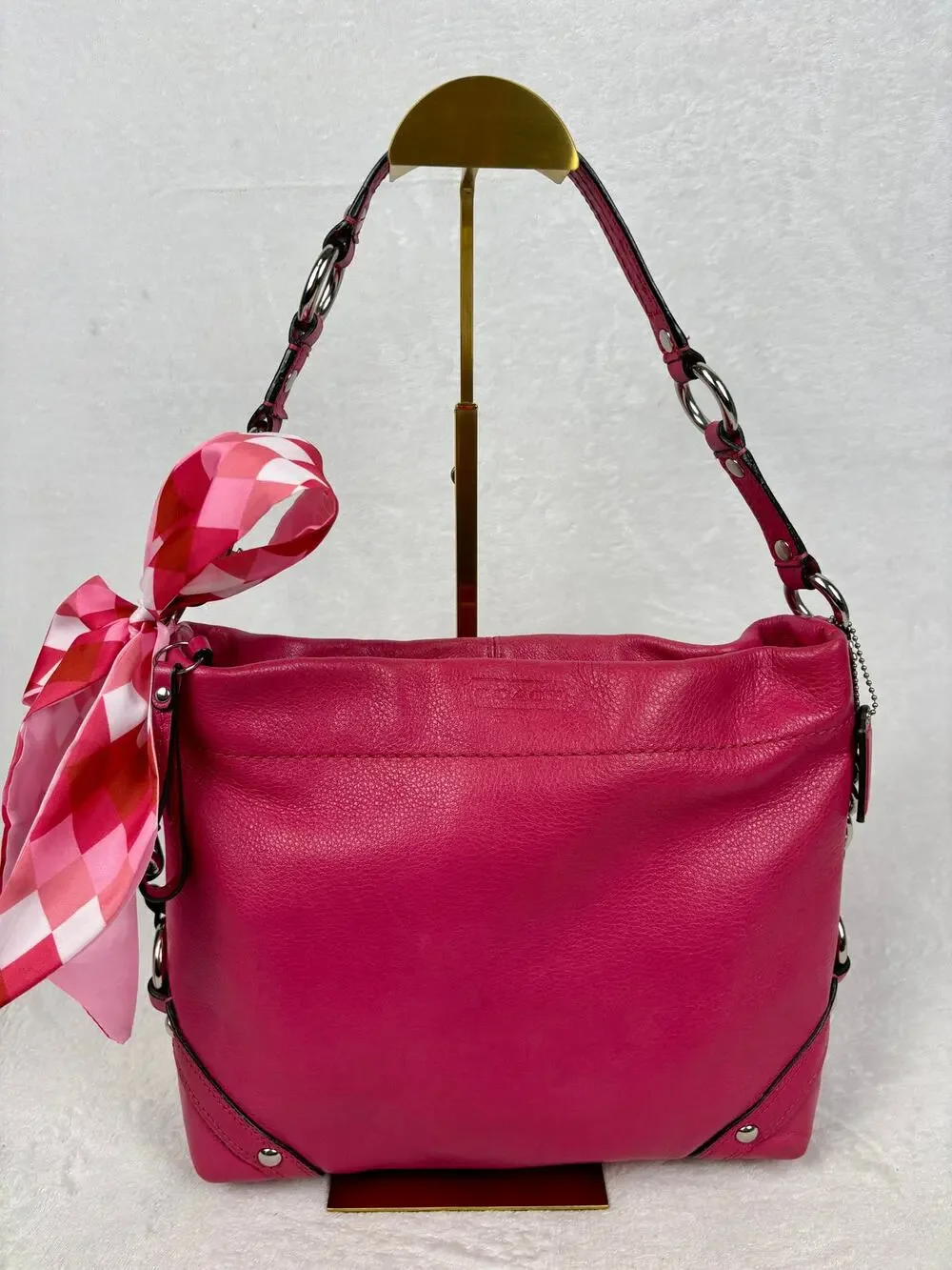 Coach Medium Y2K Carly in Fuchsia/Barbie Pink Pebbled Leather with Scarf